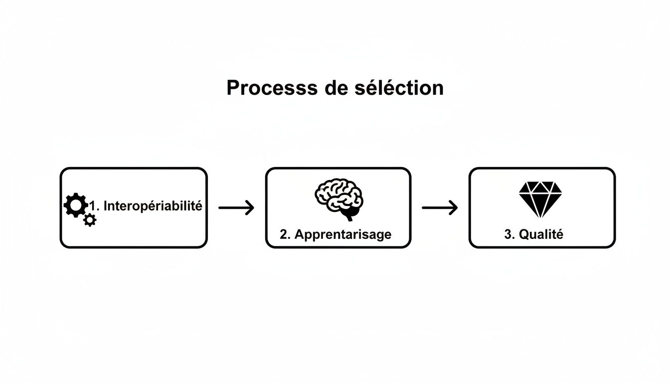 Diagramme du processus de sélection en trois étapes : interopérabilité, apprentissage symbolisé par un cerveau, et qualité symbolisée par un diamant.