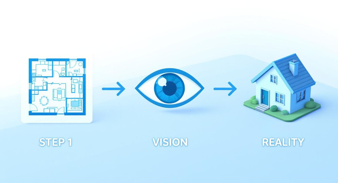 Infographie illustrant le processus en 3 étapes de la perspective 3D : Plan, Vision, Réalité