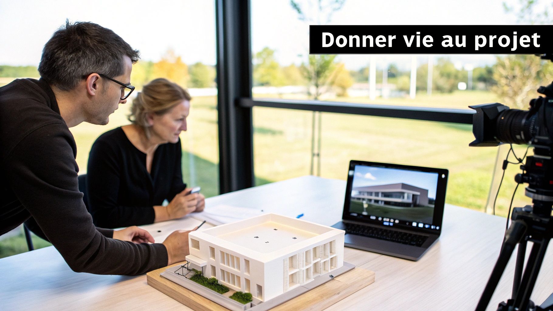 Collaborateurs travaillant sur un projet architectural, avec modèle physique, rendu 3D sur ordinateur et équipement vidéo.