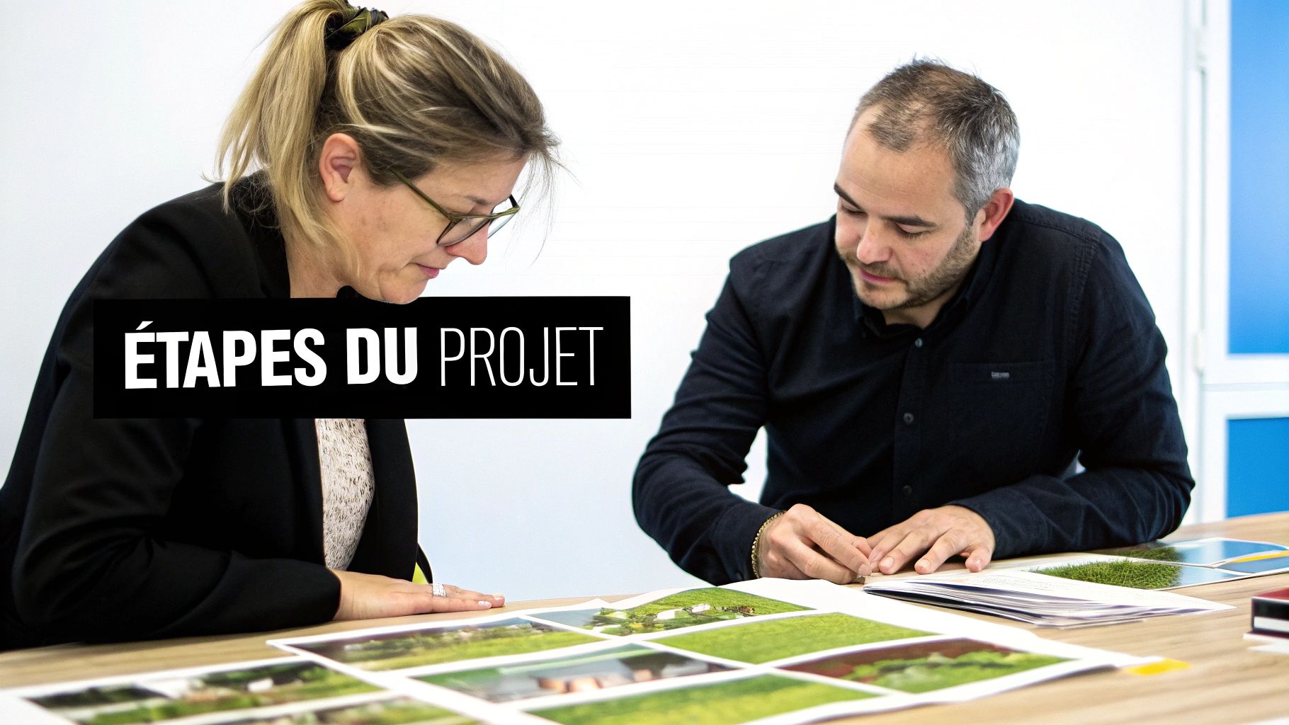 Deux personnes examinent des images de projets d'architecture et de paysage, discutant les étapes.