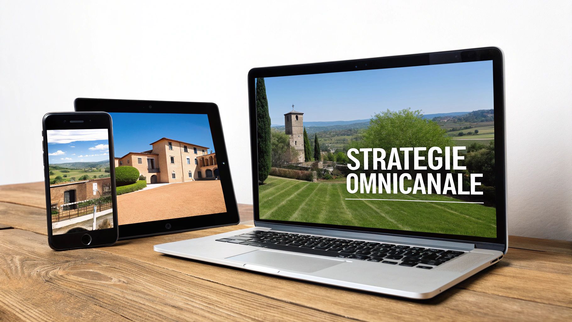 Trois appareils électroniques (téléphone, tablette, ordinateur portable) sur une table en bois affichant des paysages et un texte 'STRATEGIE OMNICANALE'.