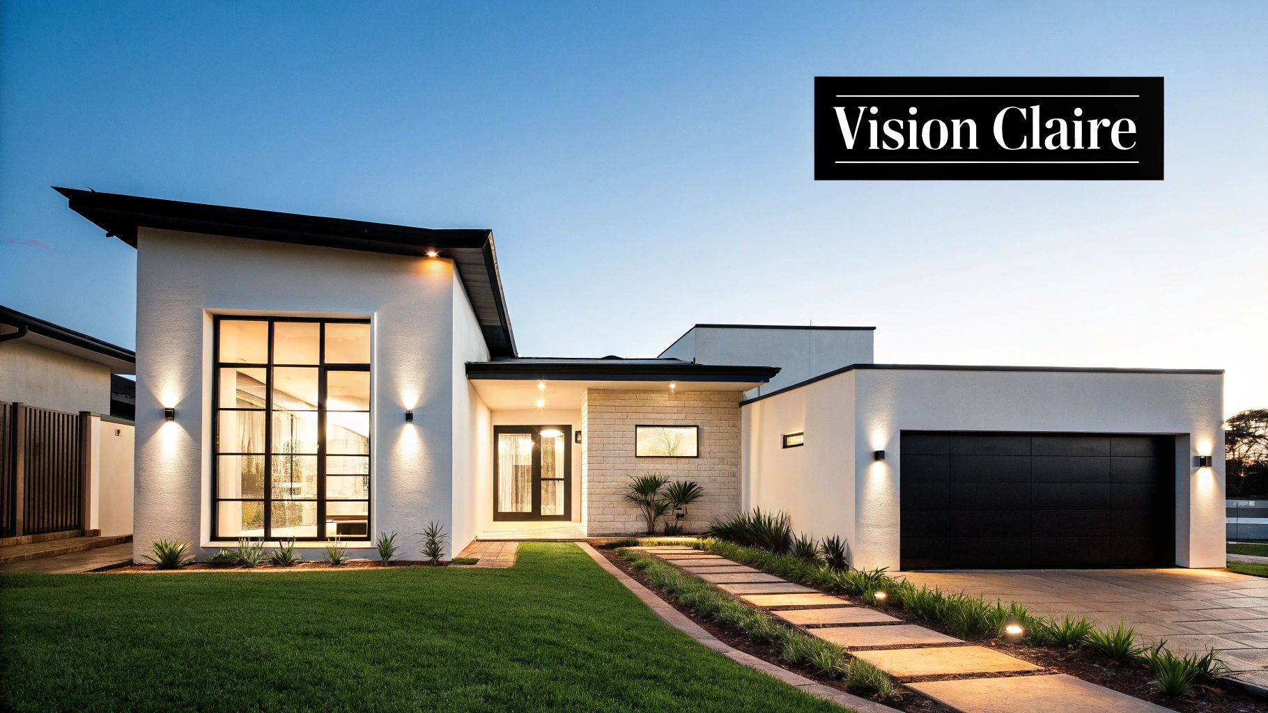 Une maison moderne blanche avec toit noir, grandes fenêtres lumineuses, garage et chemin de pierres éclairé au crépuscule.