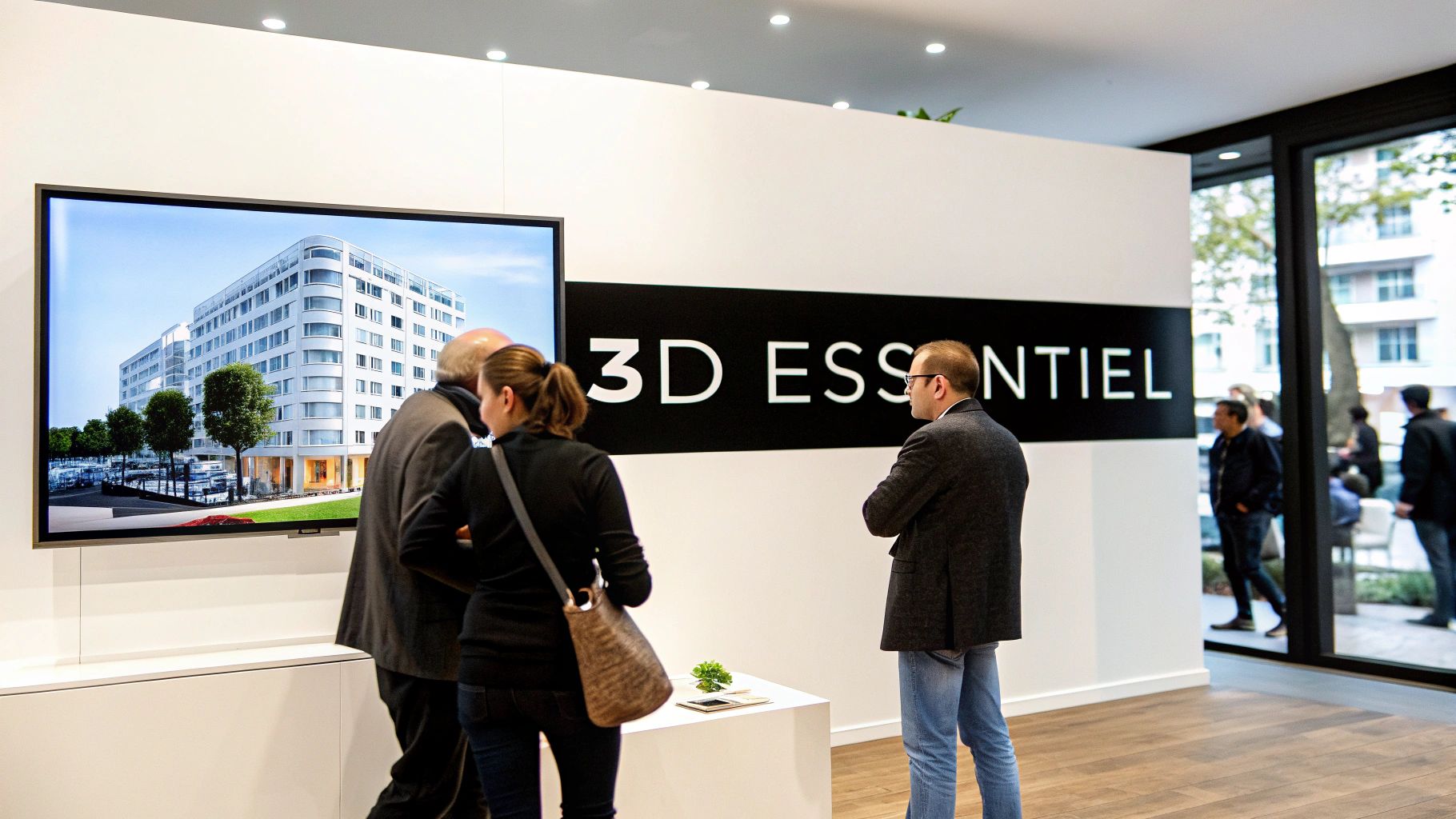 Des visiteurs regardent un écran géant affichant un bâtiment moderne, sous un panneau "3D ESSENTIEL".