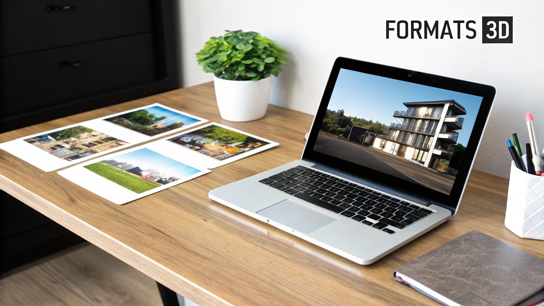 Table en bois avec ordinateur portable affichant une visualisation 3D d'un bâtiment moderne, des photos imprimées et des fournitures de bureau.