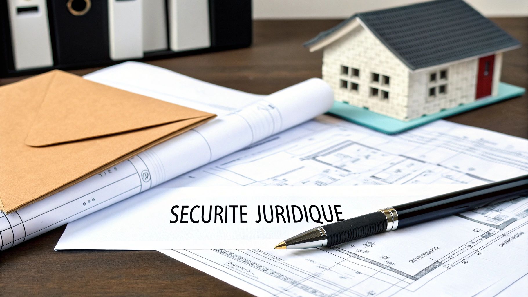 Plans architecturaux, maquette de maison, et stylo sur un bureau, avec le texte 'SECURITE JURIDIQUE'.