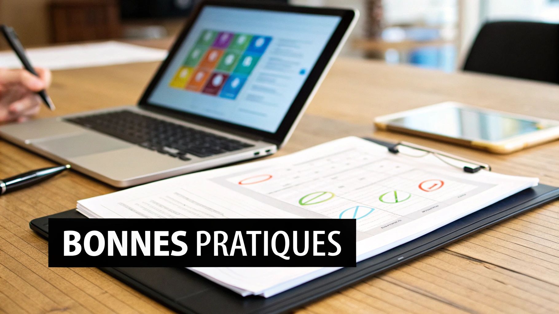 Sur un bureau en bois, un stylo, un ordinateur portable et des documents avec l'inscription « BONNES PRATIQUES ».