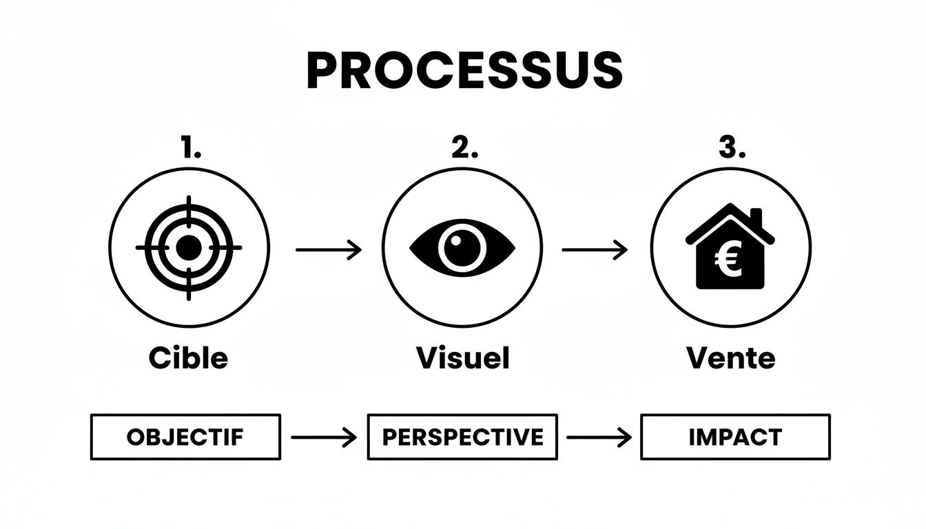 Diagramme de processus montrant les étapes Cible, Visuel, Vente et les concepts Objectif, Perspective, Impact.