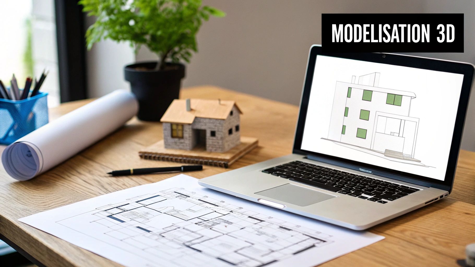 Bureau d'architecte avec plans, un ordinateur portable affichant une modélisation 3D et une maquette de maison.