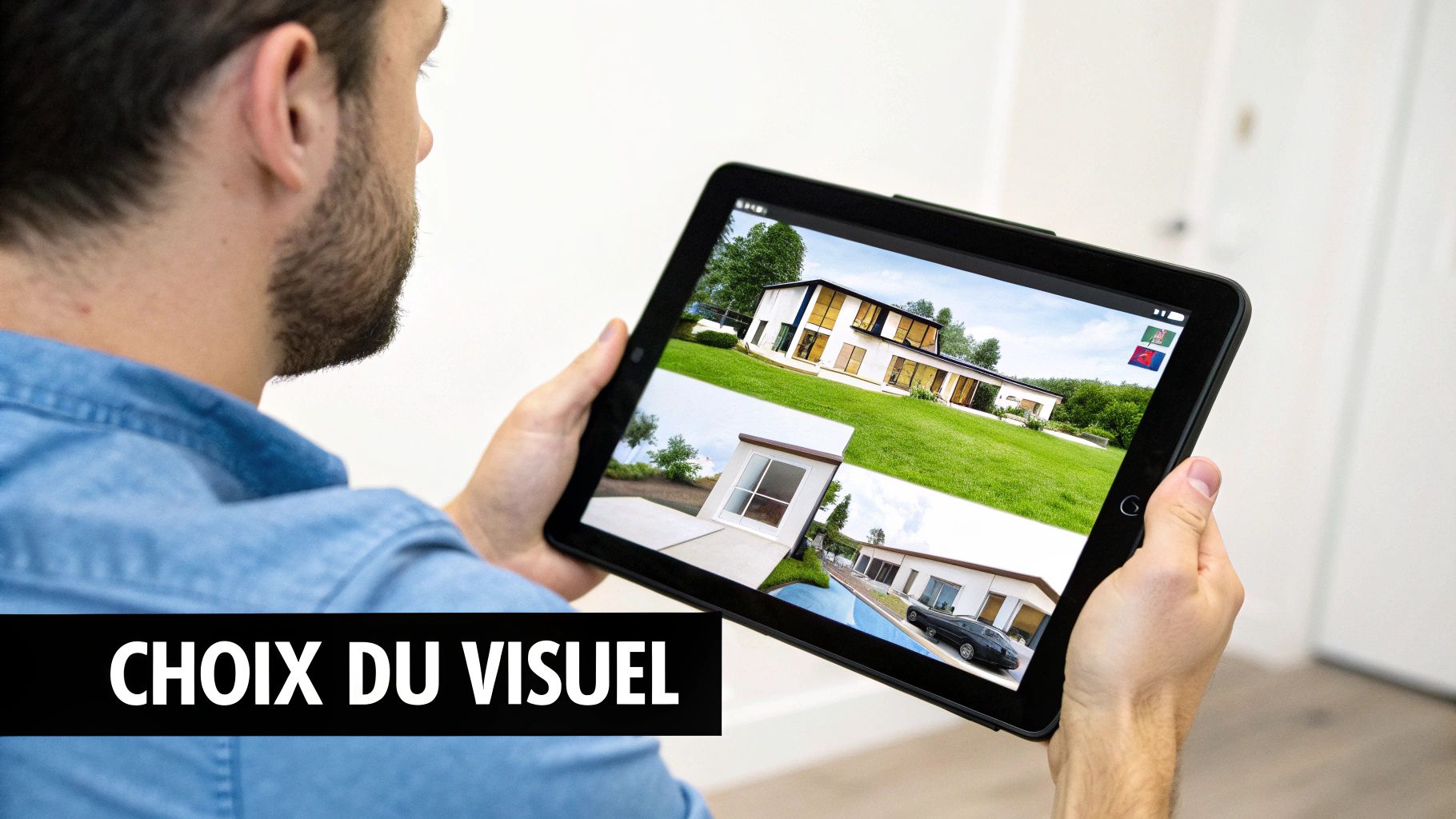 Homme consultant des visualisations architecturales 3D de maisons modernes sur tablette numérique