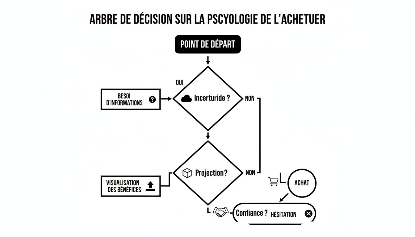 Un arbre de décision illustrant les étapes de la psychologie de l'acheteur, de l'incertitude à l'achat.