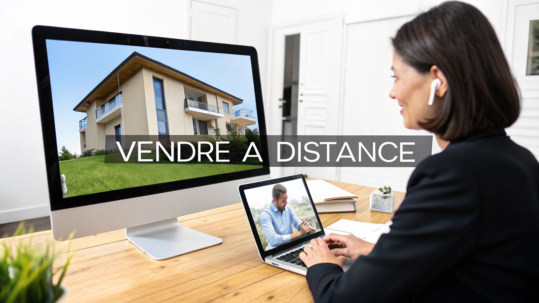Femme travaillant sur ordinateur, vendant une maison à distance via un grand écran, avec un appel vidéo sur son portable.