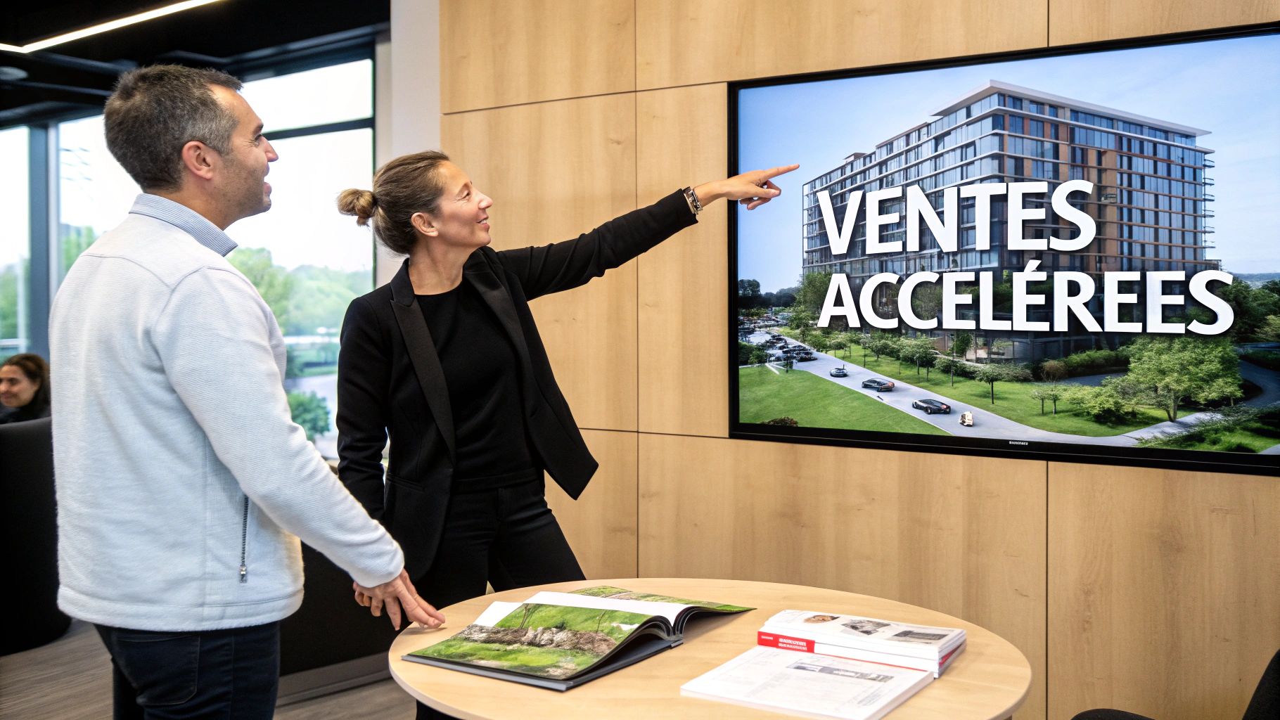 Un couple examinant une tablette affichant une maquette orbitale 3d pour leur futur achat immobilier