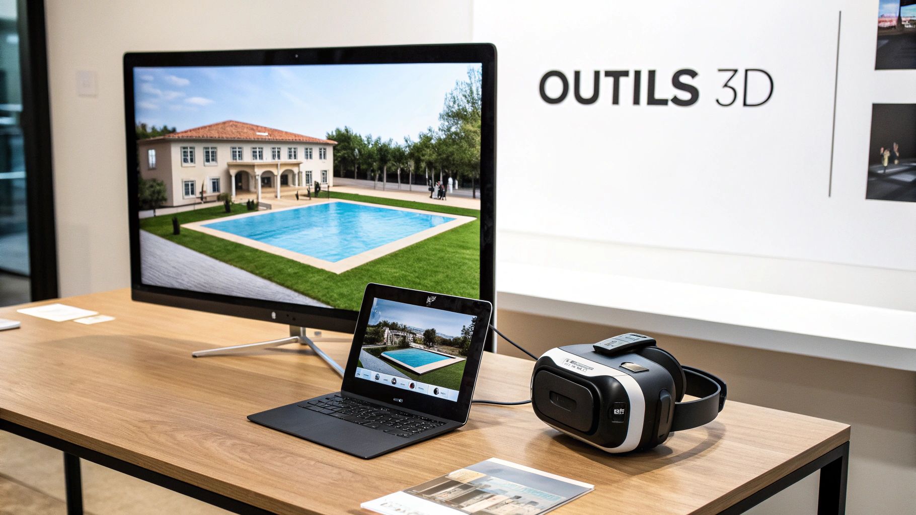 Un écran, un ordinateur portable et un casque VR présentent un plan de maison et piscine en 3D sur un bureau.