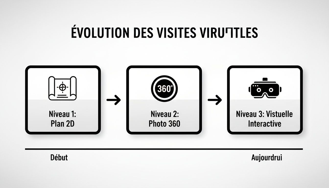 Infographie montrant l'évolution des visites virtuelles, du plan 2D à la photo 360 et la visite interactive VR.