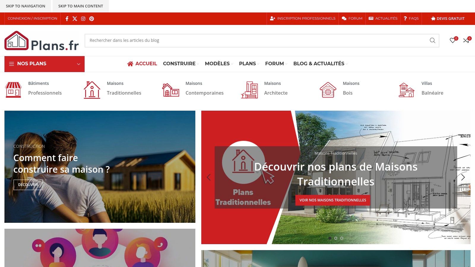 Page d'accueil du site Plans.fr présentant des modèles de maisons