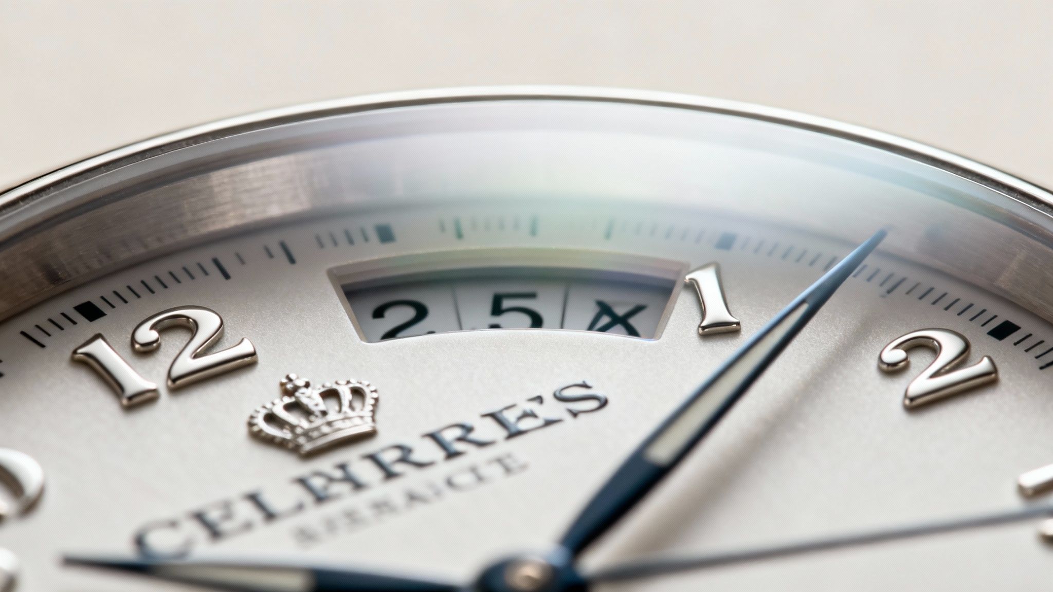 Close-up of a luxury watch dial with silver numerals, blue hands, and a 2.5X date window.