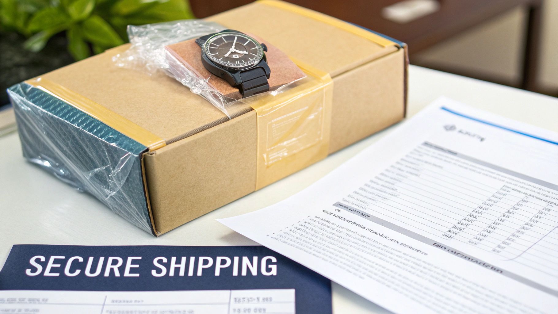 A luxury watch on a securely packaged shipping box with shipping documents on a white table.