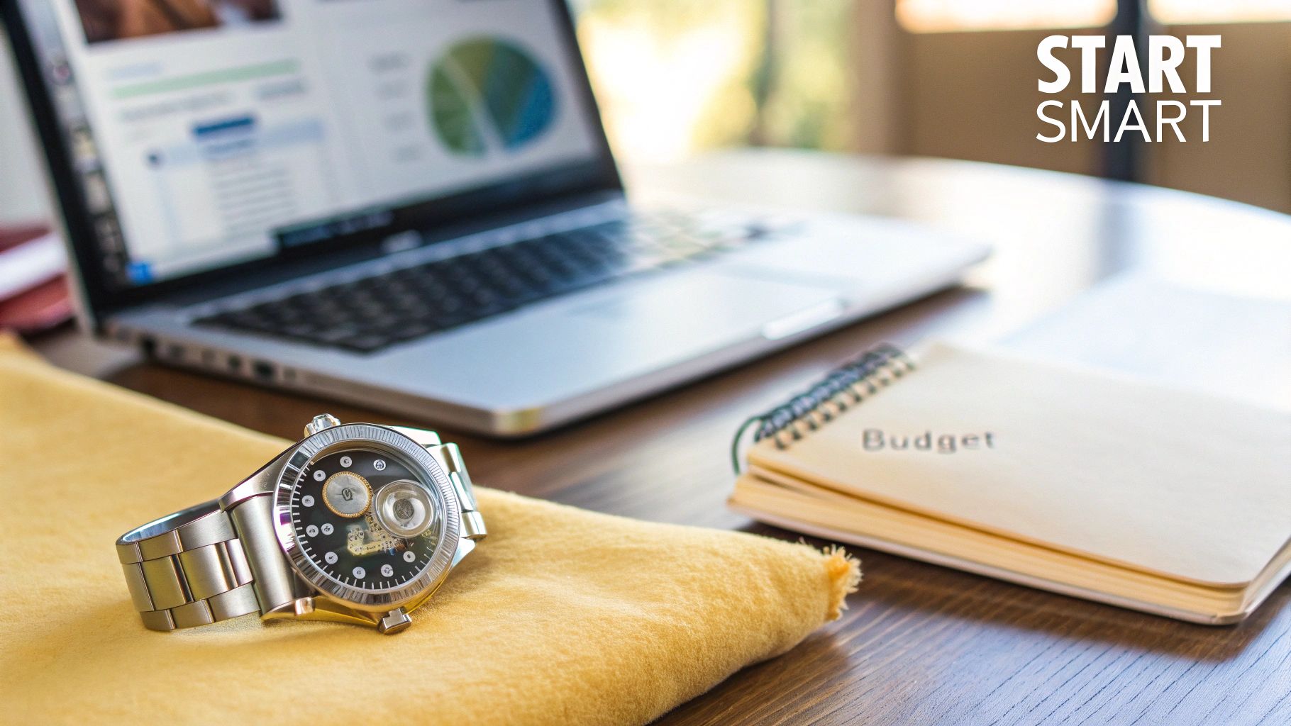 A luxury watch on a yellow cloth next to a laptop with financial charts and a 'Budget' notebook.