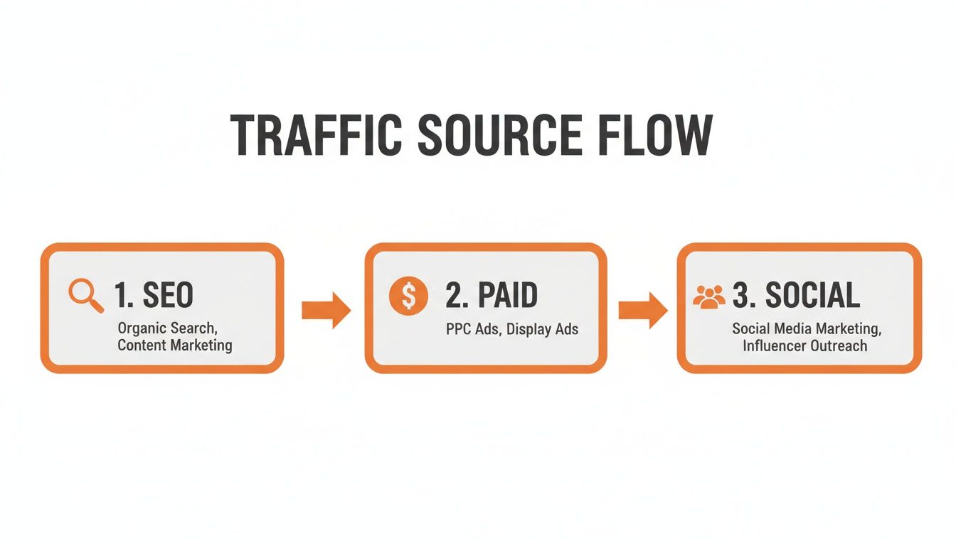 A diagram illustrating the traffic source flow, detailing SEO, Paid, and Social media marketing strategies.