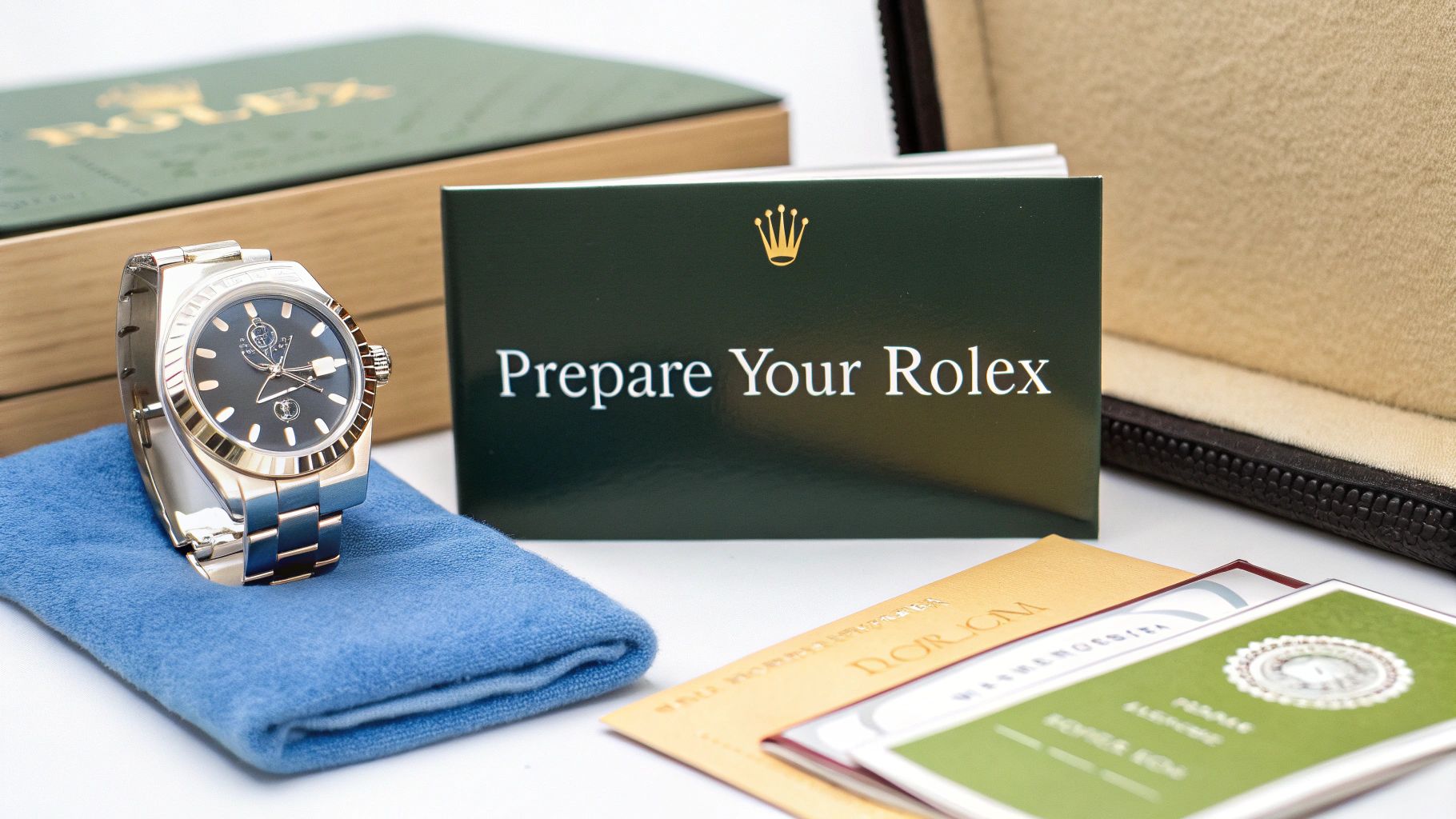 A new Rolex watch on a blue cloth, with its official green 'Prepare Your Rolex' booklet and documents.
