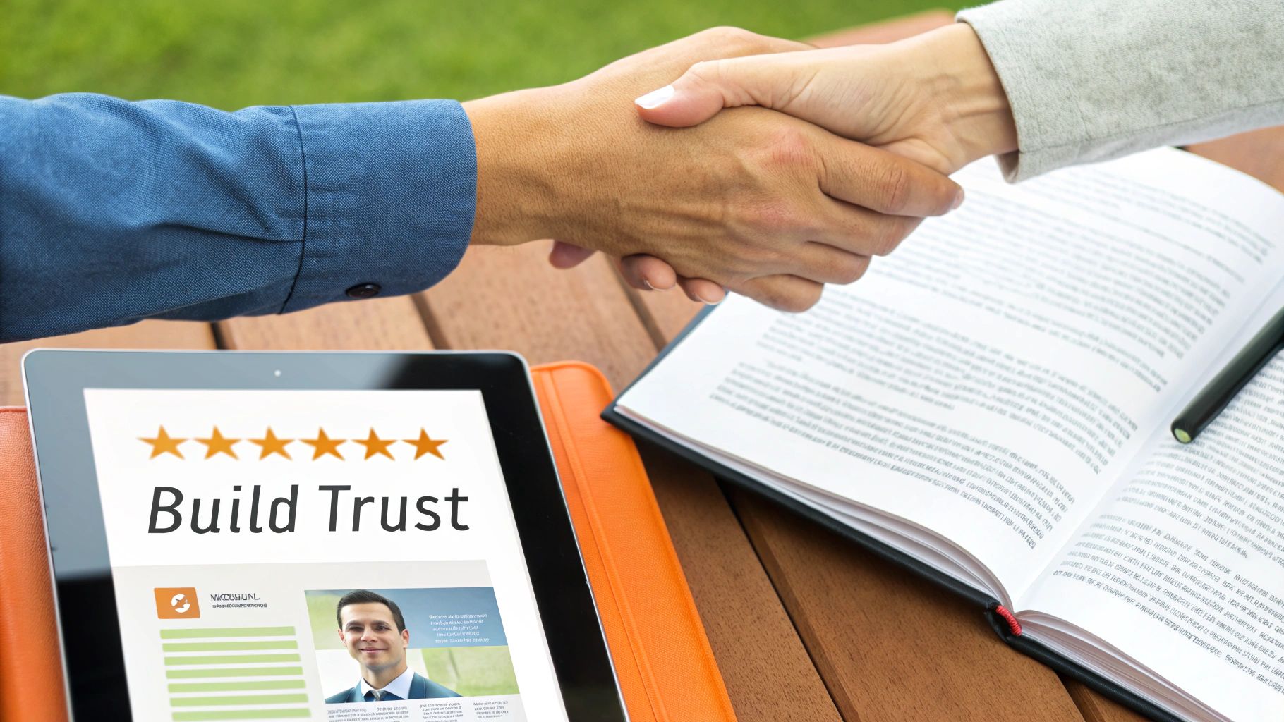Two professionals shaking hands over a table, with a tablet displaying 'Build Trust' and five stars, next to an open book.