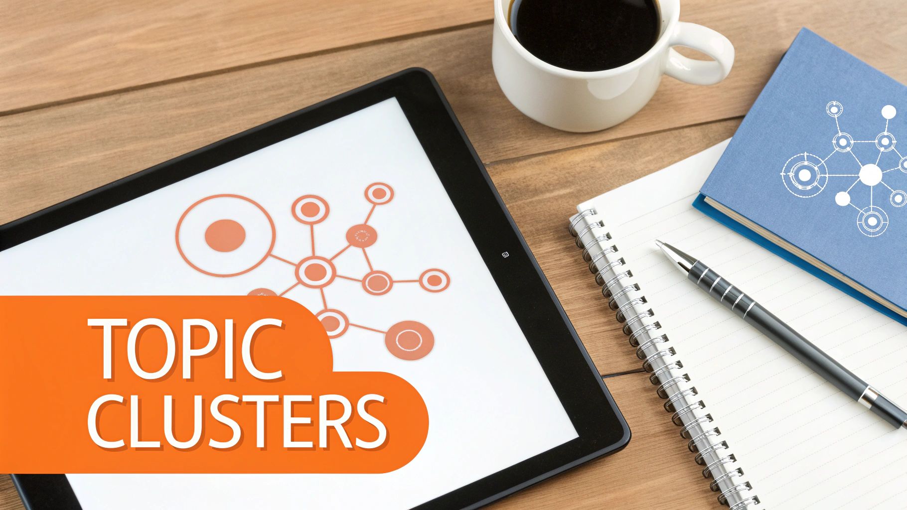 A tablet with a 'TOPIC CLUSTERS' banner, showing a network diagram, next to coffee, notebook, and pen.