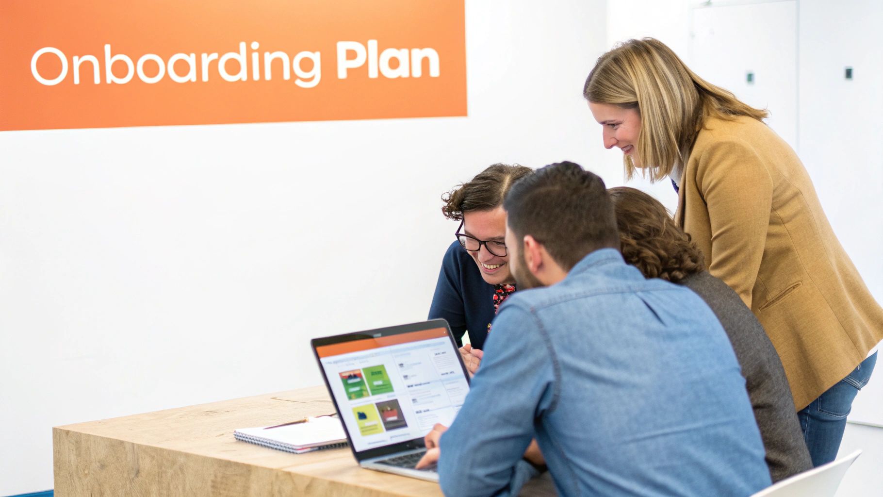 Four smiling team members reviewing an onboarding plan on a laptop during a meeting.