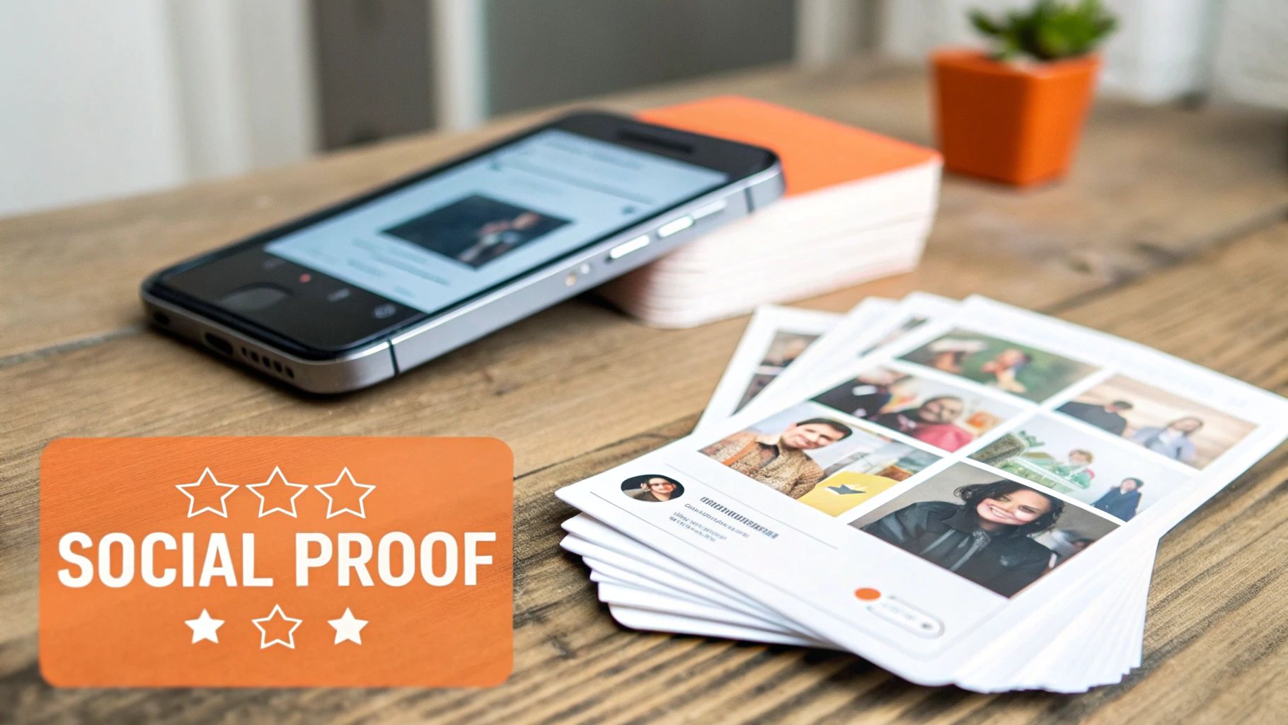 A smartphone displays social media content next to stacks of cards and a 'Social Proof' overlay with stars.