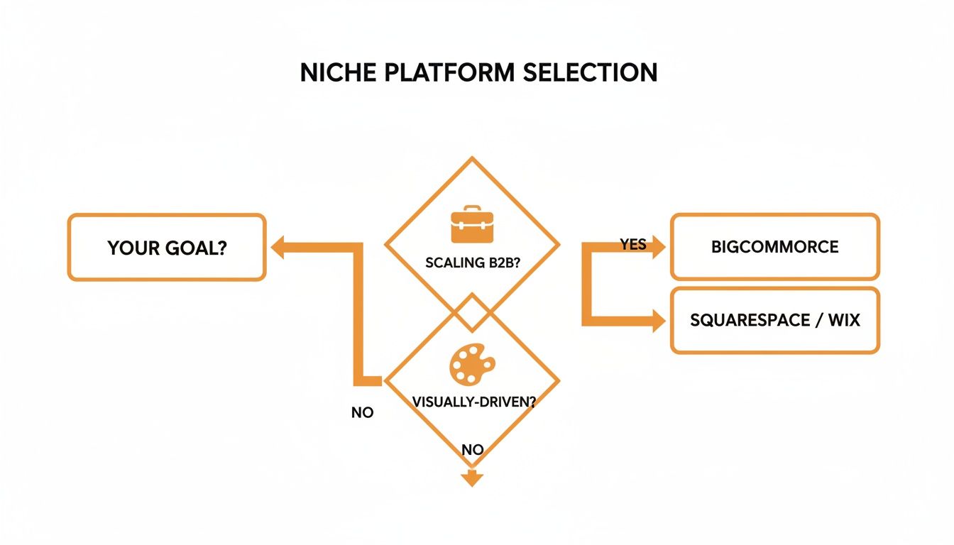 Flowchart guiding niche platform selection based on goals: scaling B2B, visually-driven, recommending Bigcommerce or Squarespace/Wix.