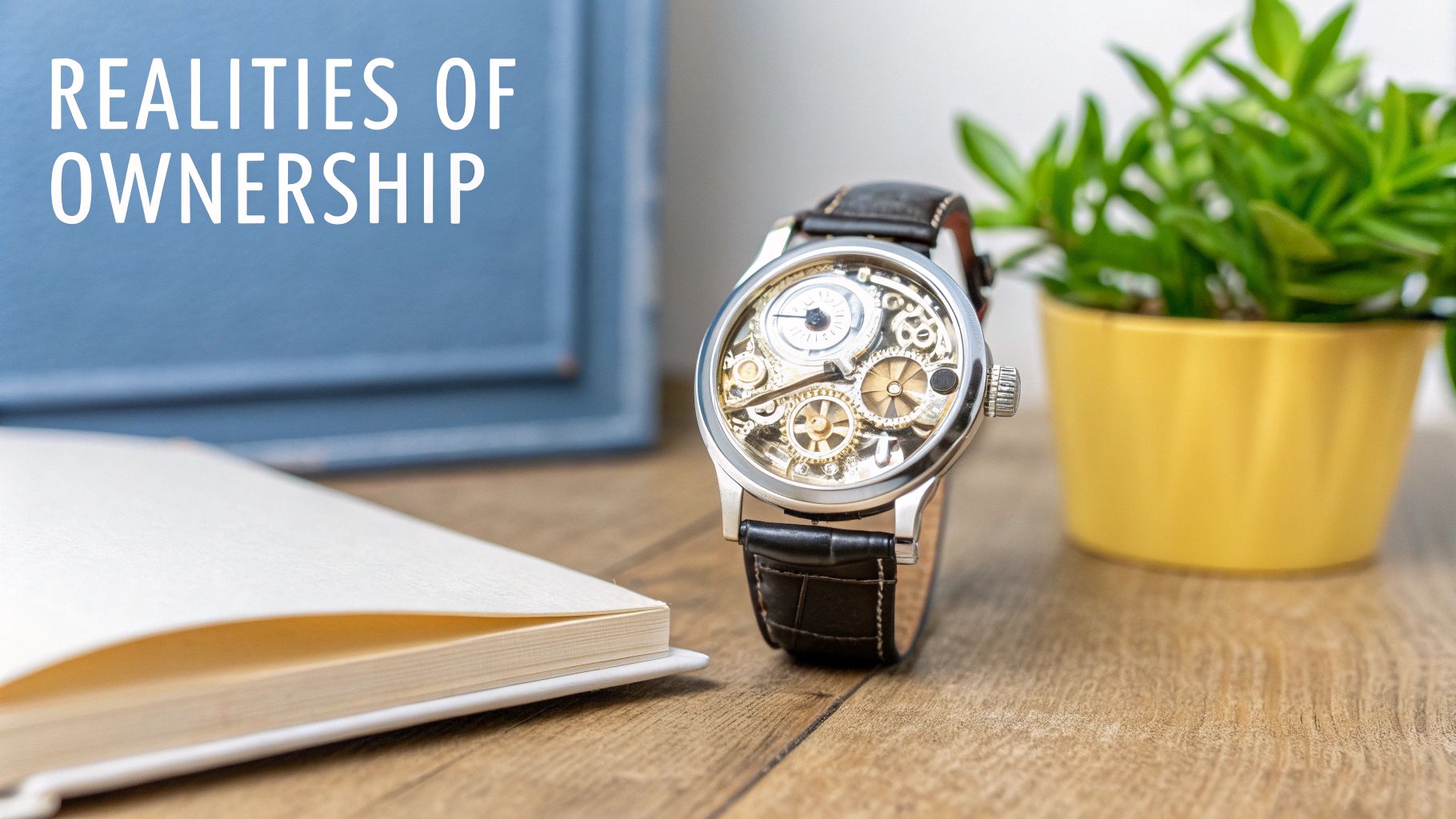 A close-up of a hand-wound mechanical watch with exposed gold gears on a wooden table, next to an open notebook and a potted plant.