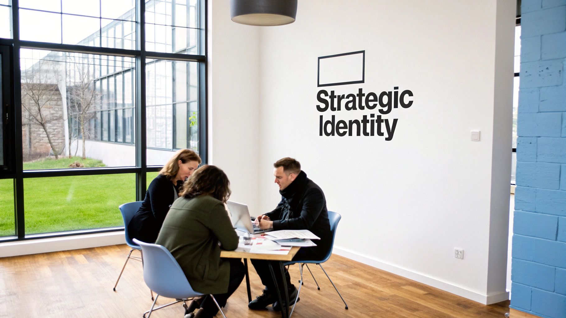 Three colleagues collaborate around a table in a bright, modern office with large windows.