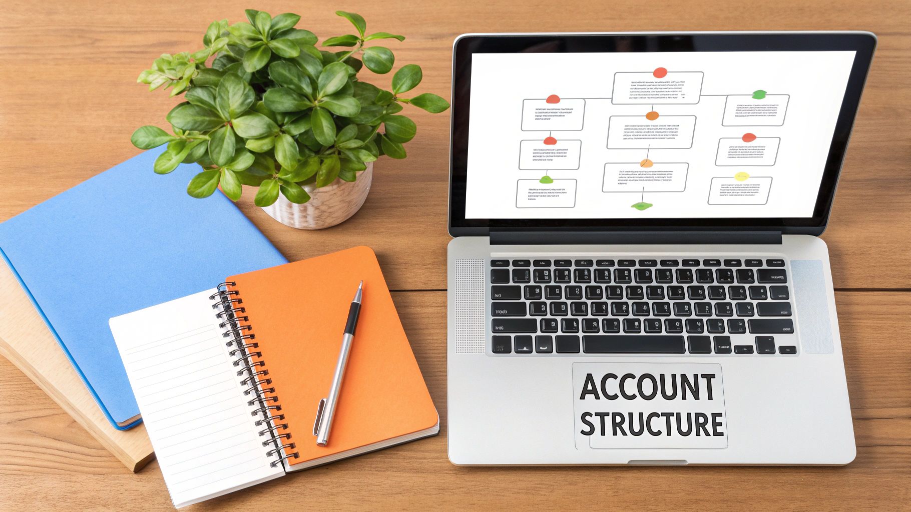A laptop displaying a flowchart and 'Account Structure' on a desk with a plant and notebooks.