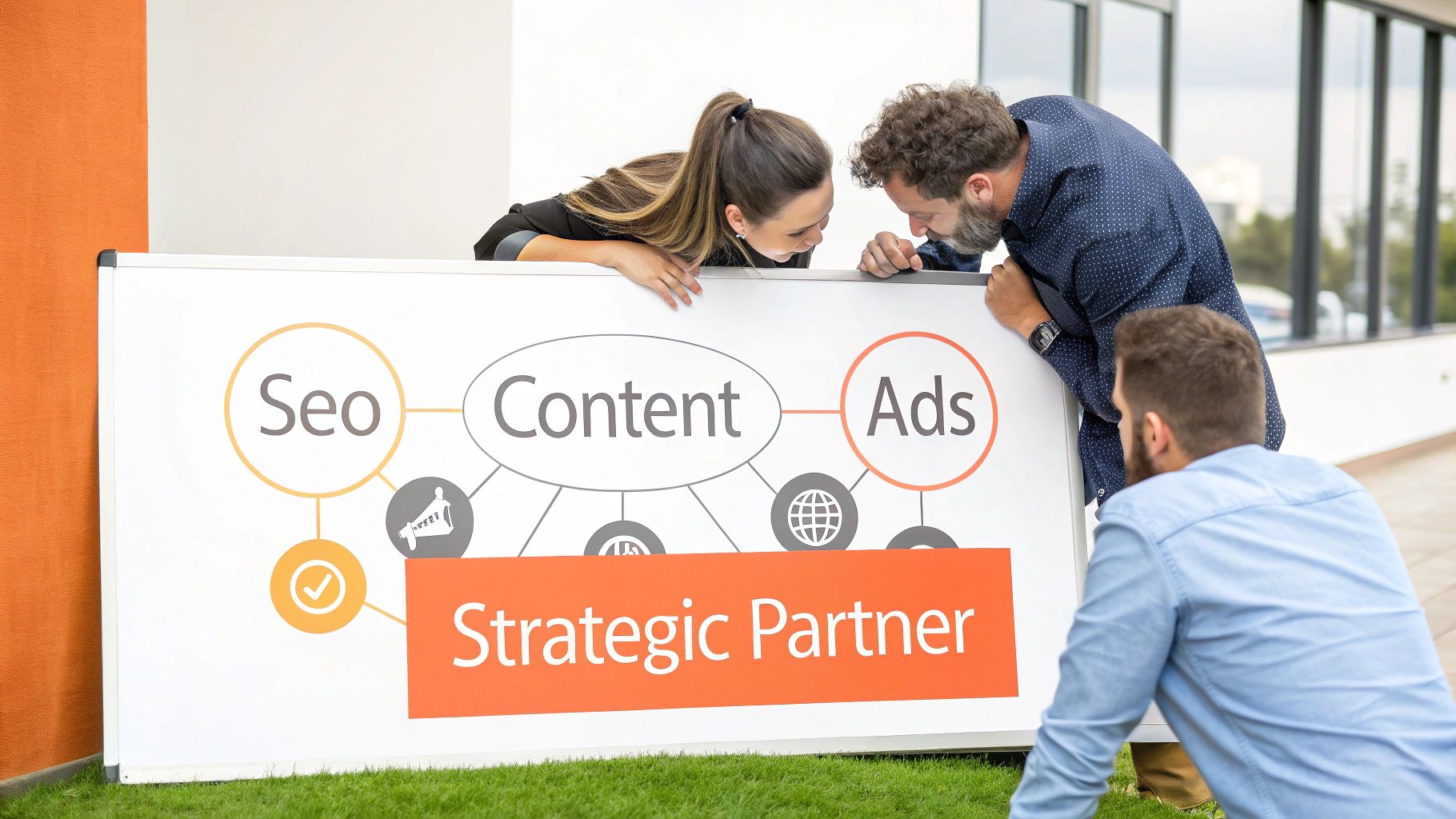 Three professionals discussing a strategic marketing diagram on a whiteboard with SEO, Content, and Ads.
