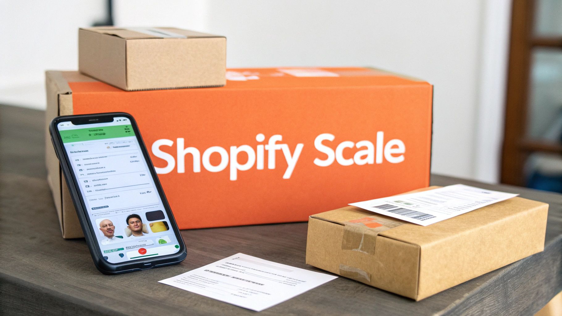 A smartphone displays a shipping app next to Shopify Scale boxes and packages, highlighting e-commerce logistics.