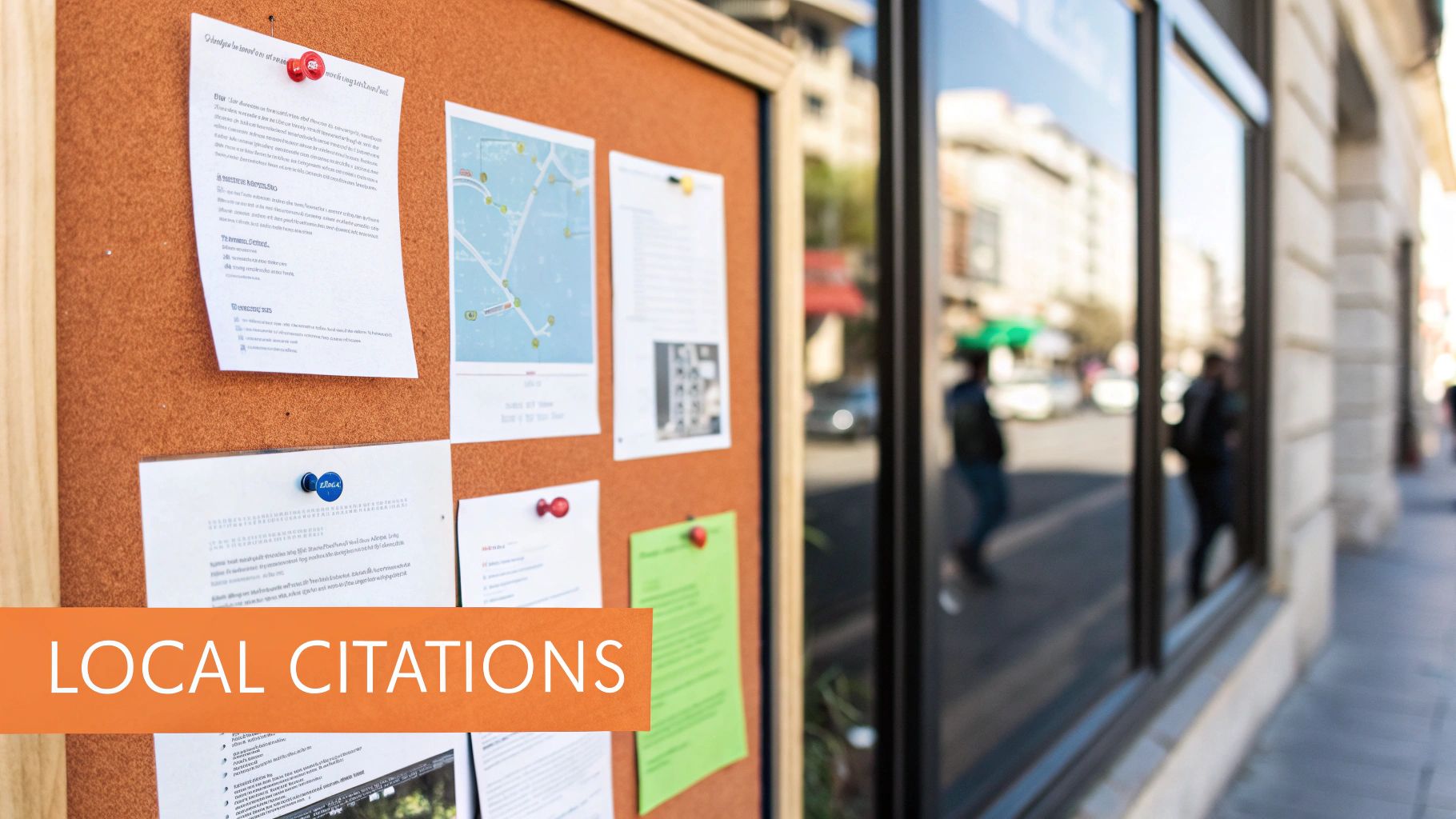 A cork board filled with various papers, maps, and local information, next to a street reflection.