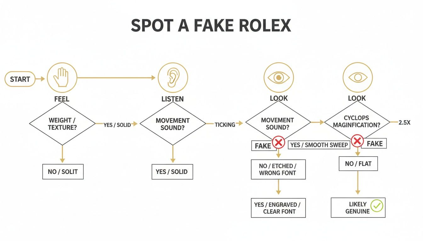 A flowchart guide demonstrating steps to spot a fake Rolex by checking its feel, sound, and visual details.