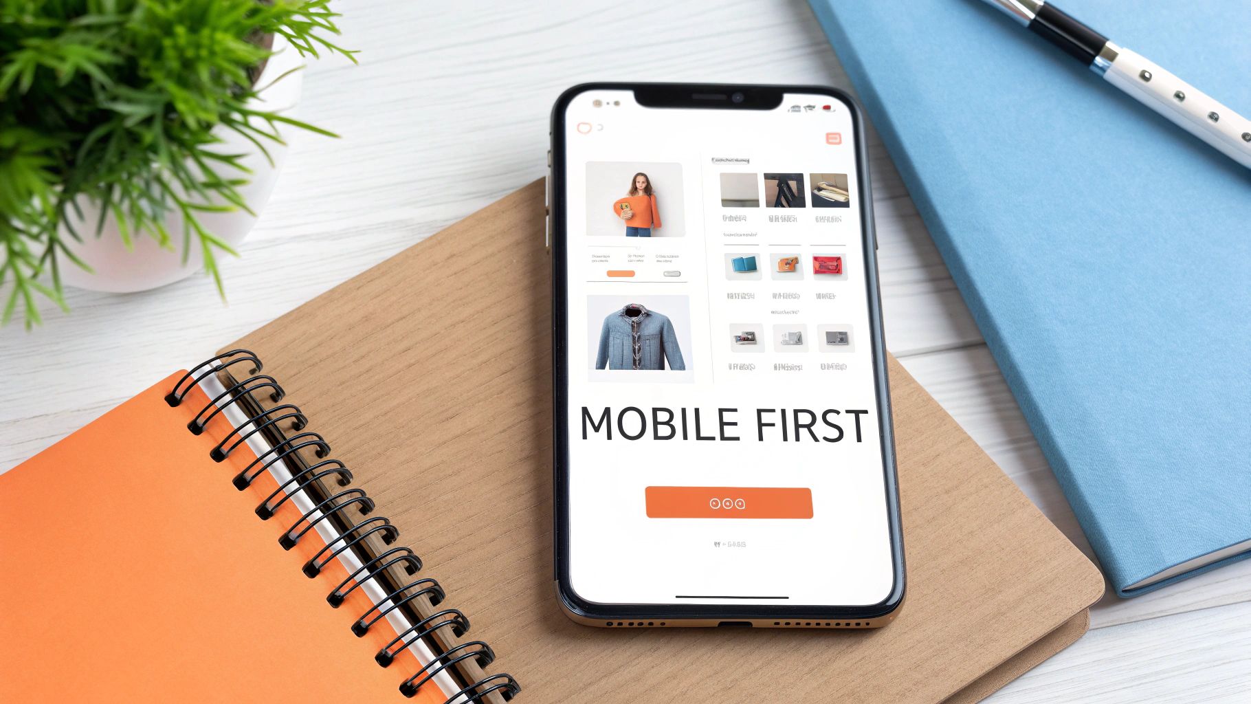 A smartphone on a white wooden desk displaying an e-commerce website with 'MOBILE FIRST' text, surrounded by notebooks and a plant.