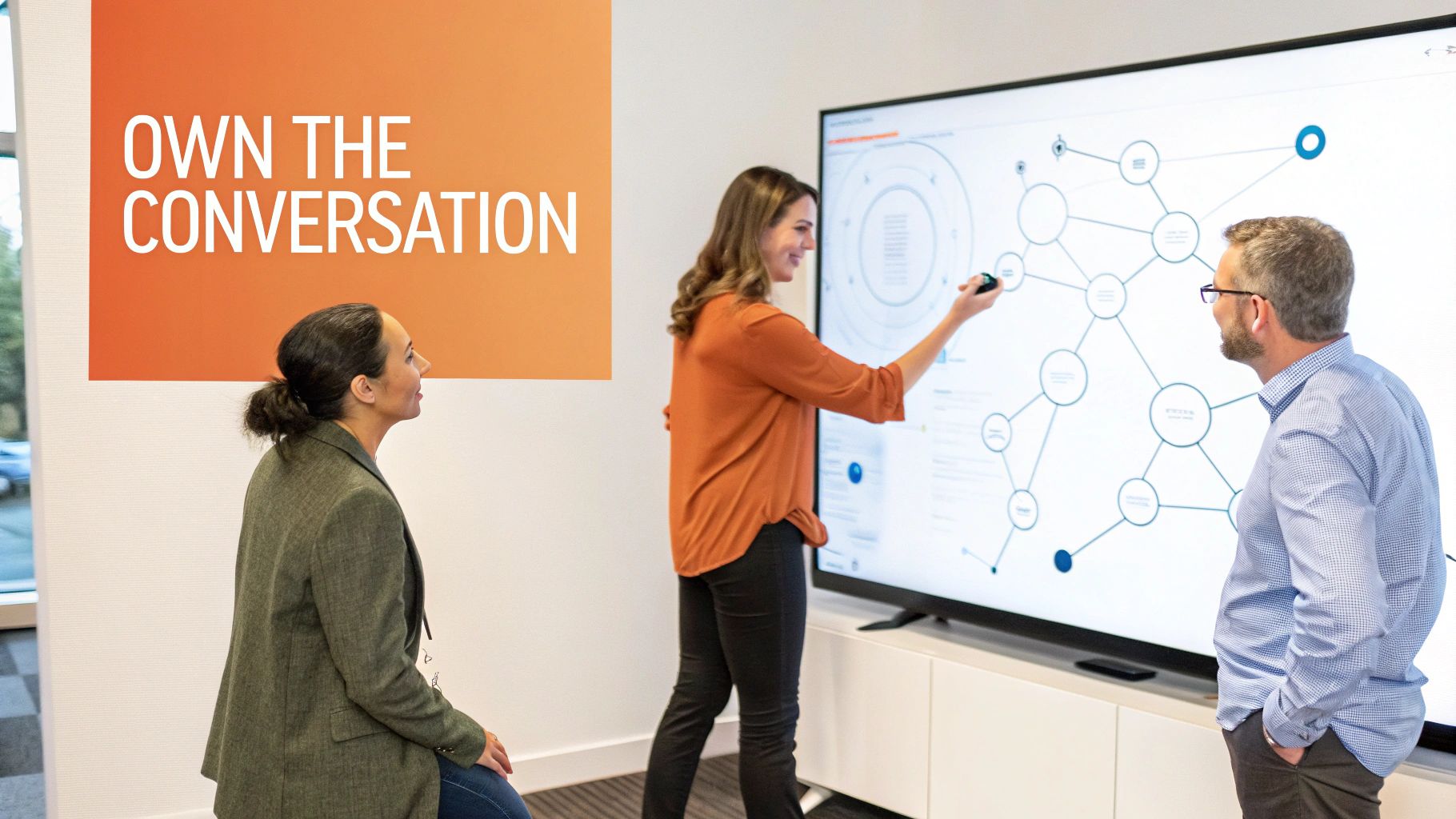 Three professionals collaborate in an office, discussing a network diagram on a large digital display.