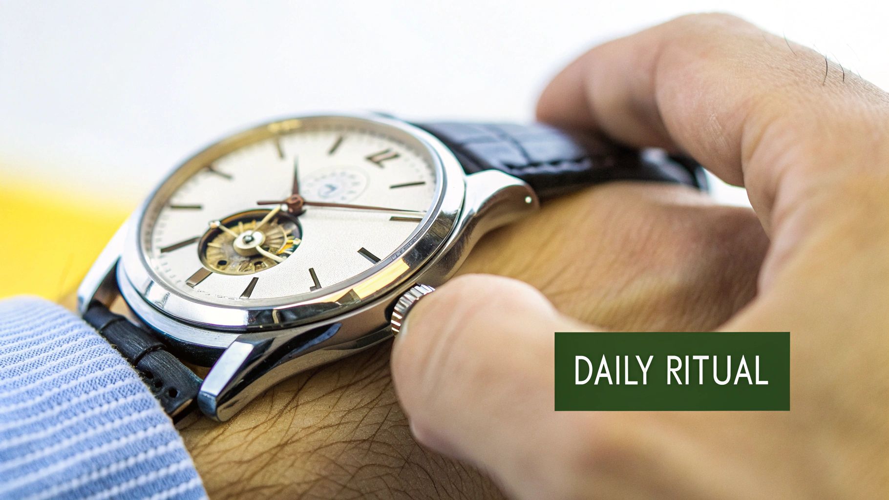 Close-up of a person's wrist wearing an elegant silver mechanical watch with a visible open heart movement and black leather strap.