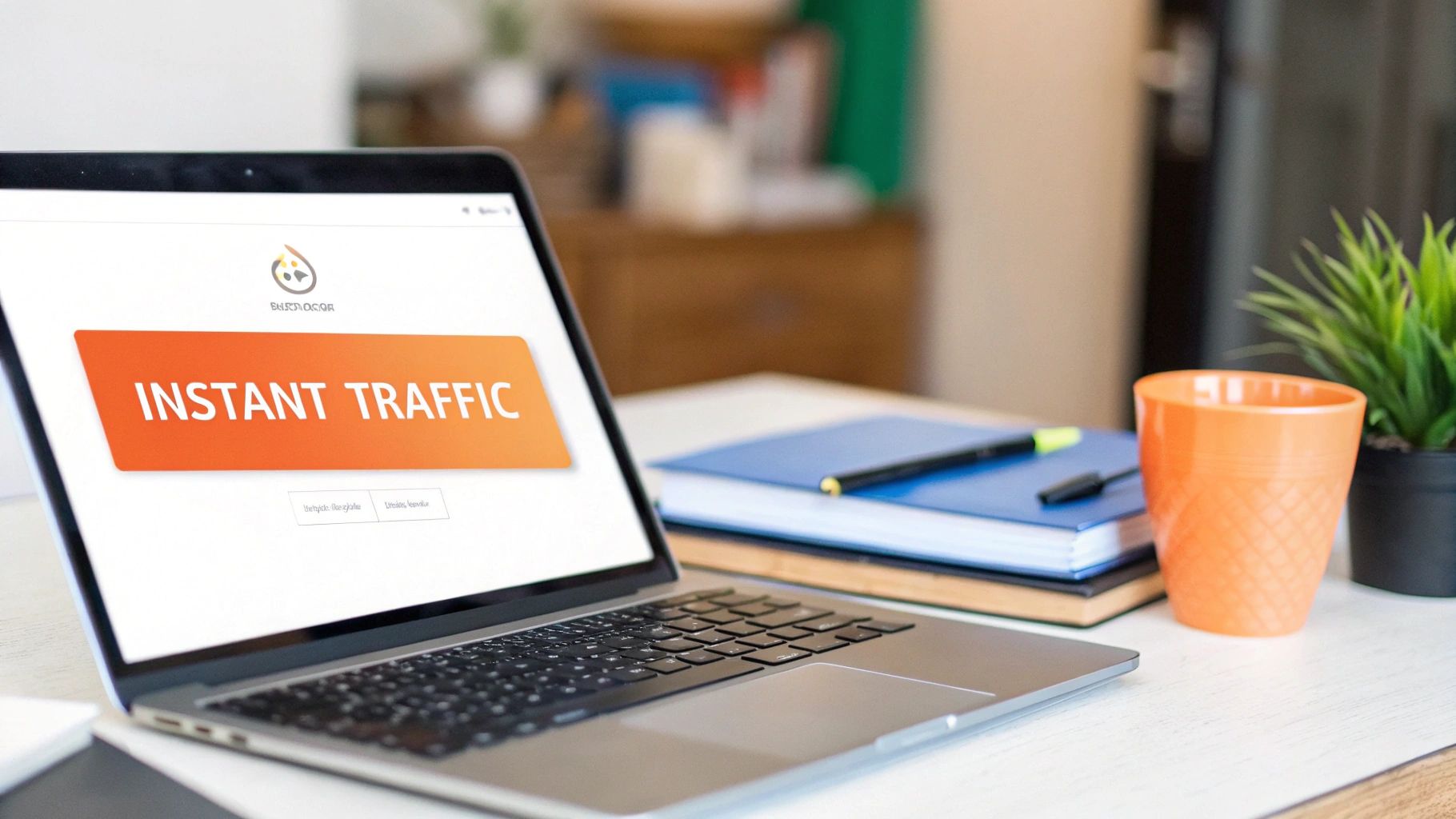 Laptop displaying 'INSTANT TRAFFIC' on screen, with books, an orange cup, and a plant on a desk.