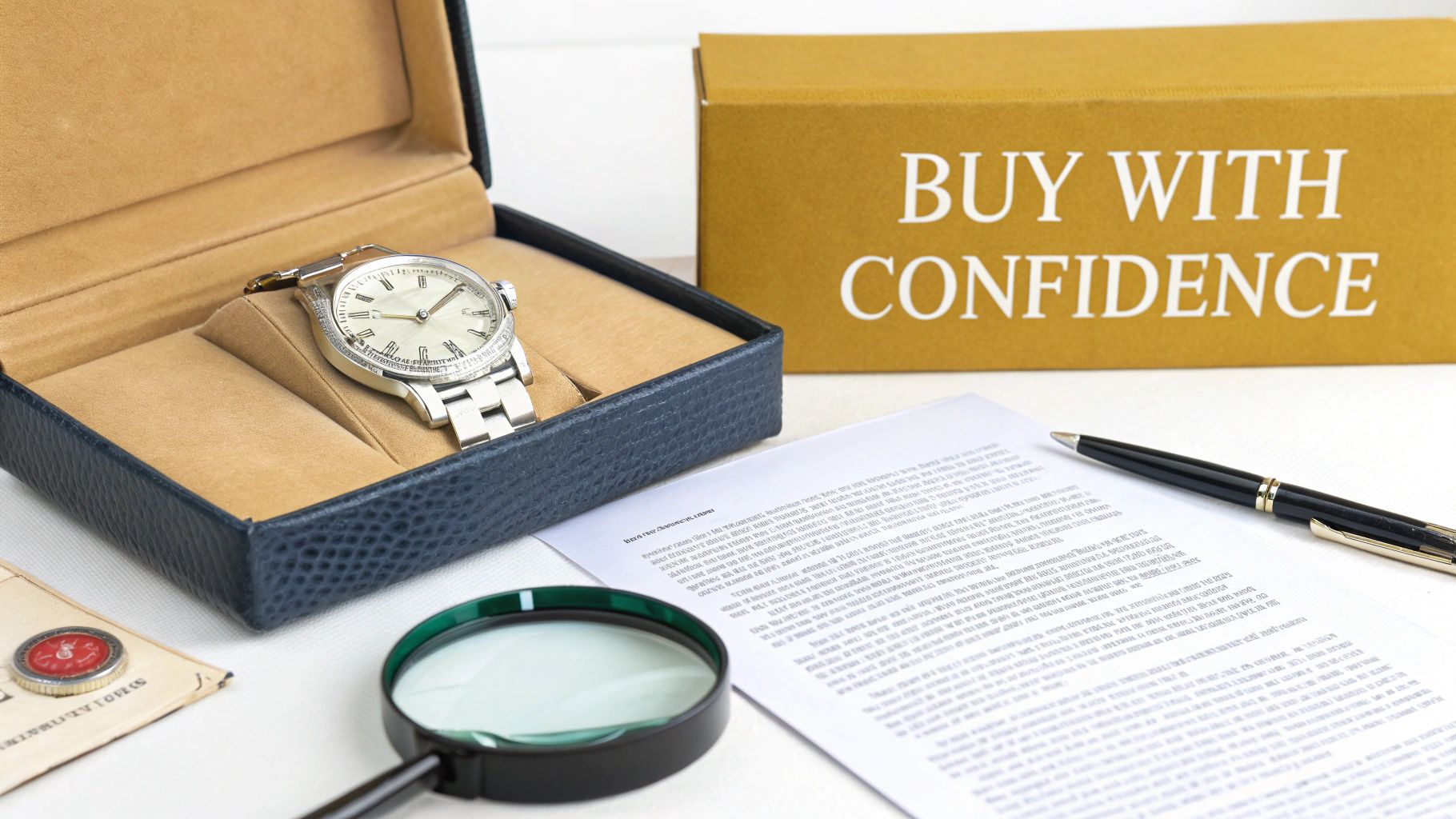 A silver watch in a protective box with a magnifying glass, pen, document, and "BUY WITH CONFIDENCE" packaging.