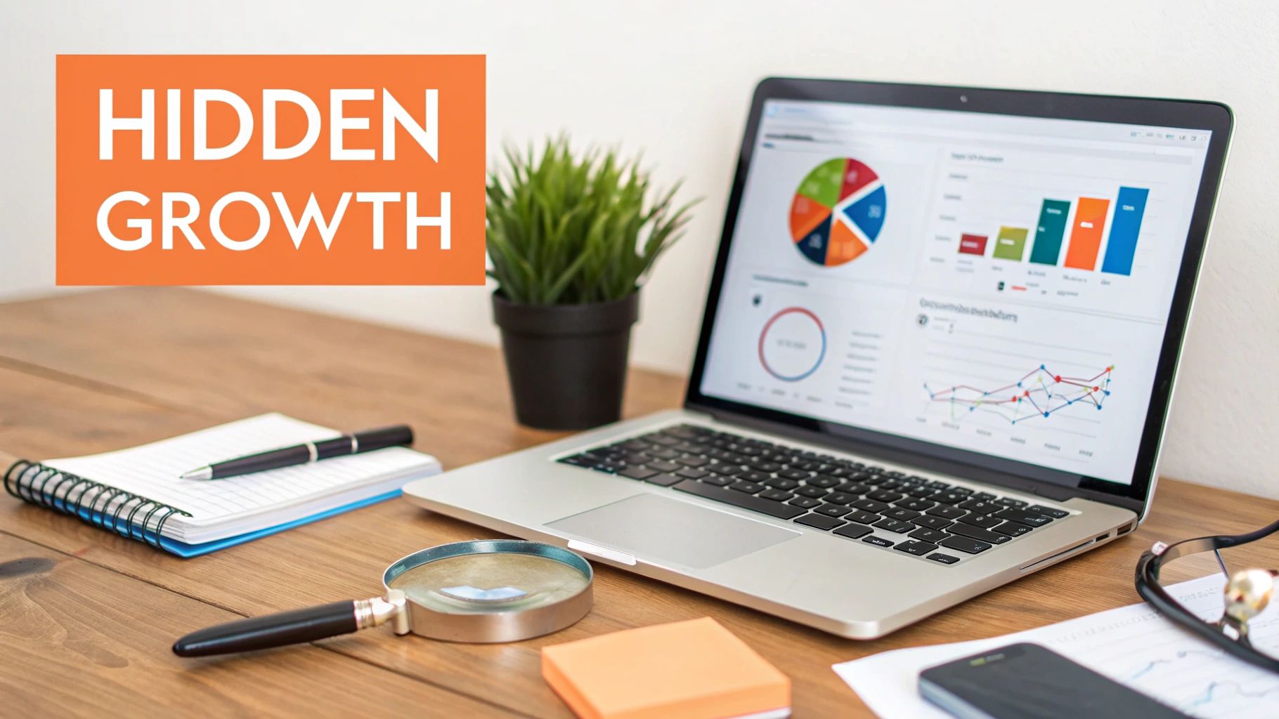 A laptop showing business growth charts on a desk with a magnifying glass and 'Hidden Growth' text.