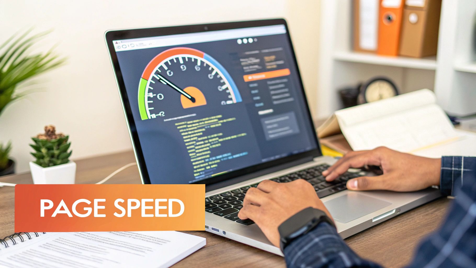 Person optimizing website performance on a laptop, analyzing page speed metrics and code.