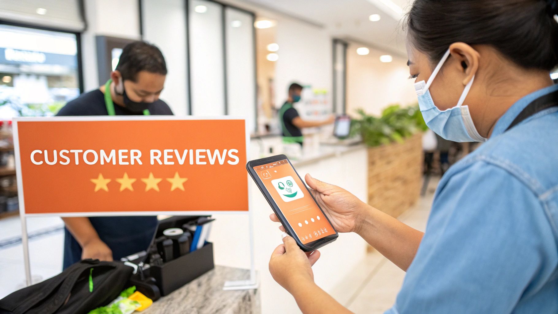 A person uses a smartphone to give feedback at a business with a customer reviews sign.