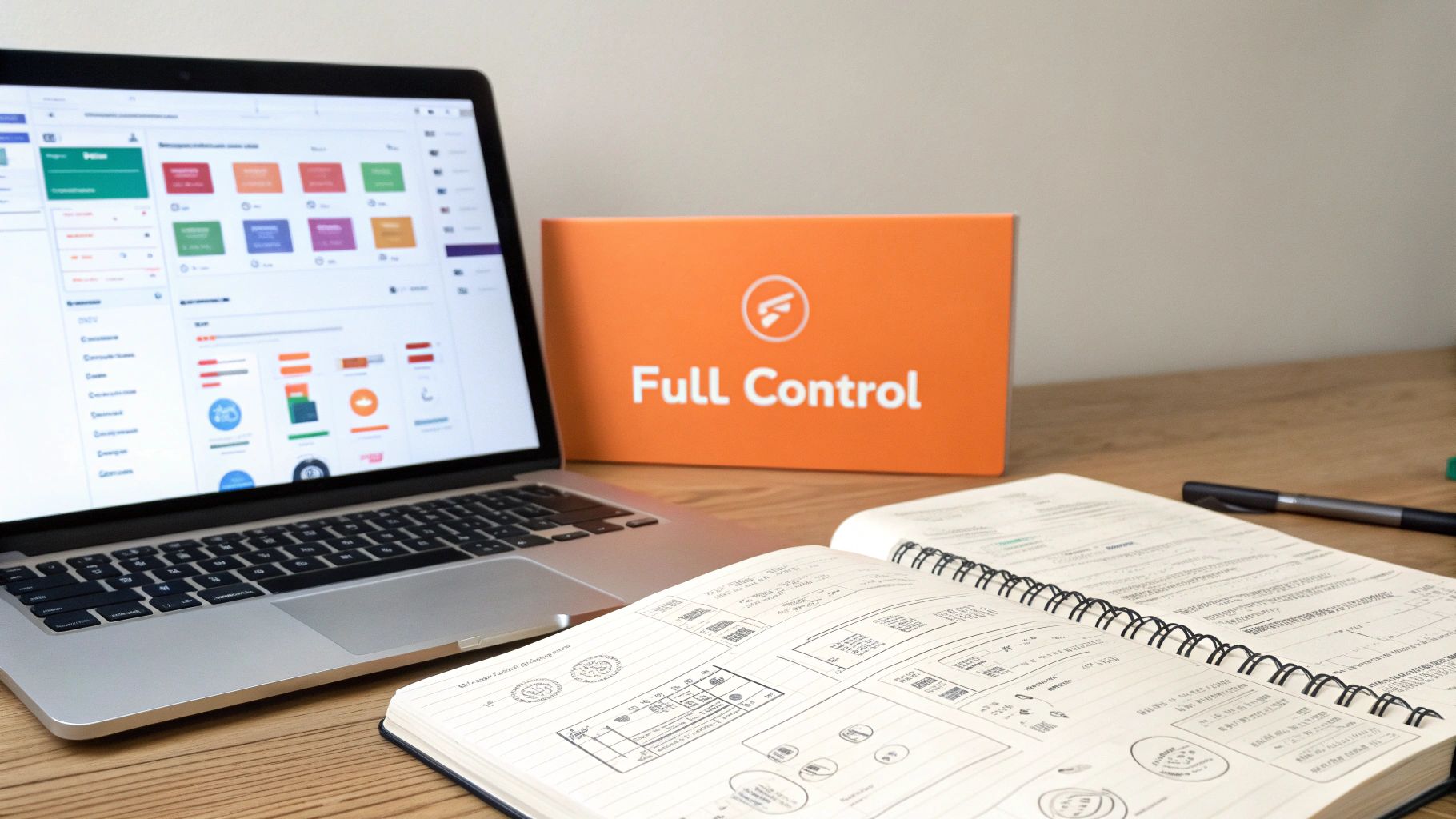 A professional workspace with a laptop displaying a colorful dashboard, an orange 'Full Control' box, and a notebook with sketches.