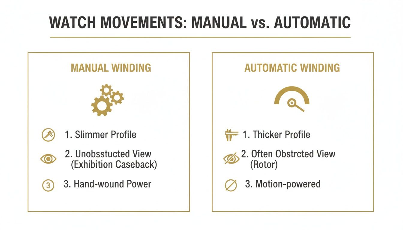 Comparison of manual winding vs. automatic winding watch movements, detailing their profiles, views, and power sources.