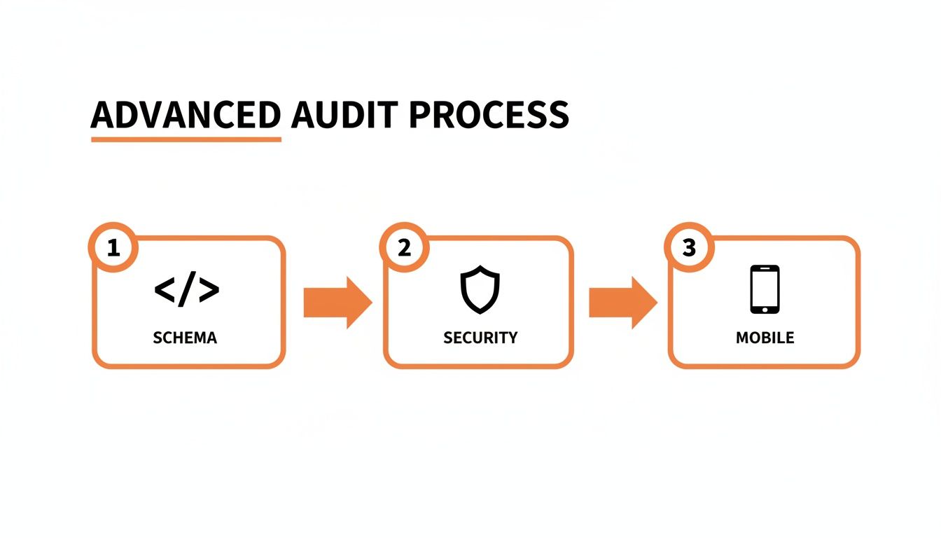 Flowchart of an advanced audit process including schema, security, and mobile stages.