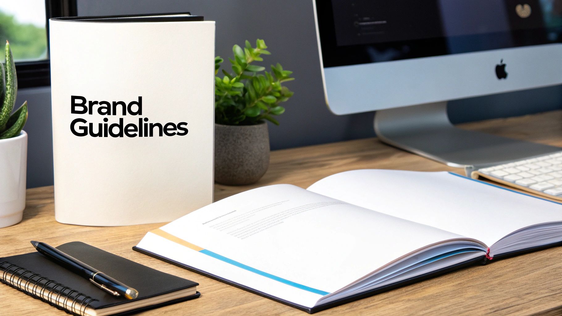 A neatly organized desk with Brand Guidelines books, a computer, a plant, and a notebook.