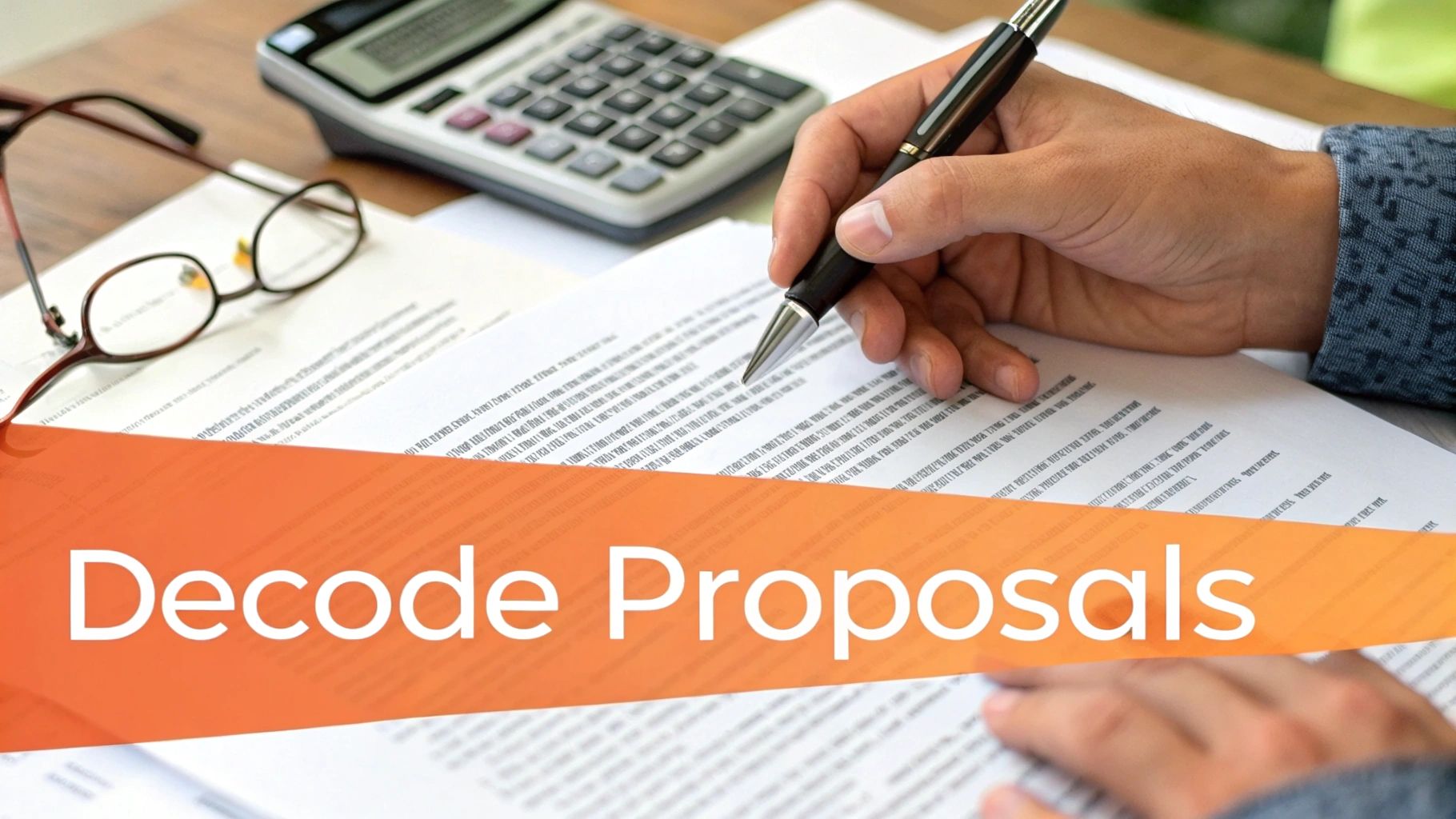 A person's hands hold a pen over a document with a calculator and glasses nearby, featuring 'Decode Proposals'.