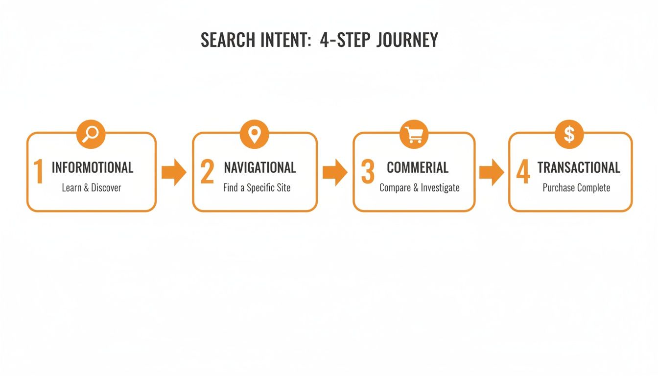 Diagram illustrating the 4-step search intent journey: Informational, Navigational, Commercial, and Transactional stages.